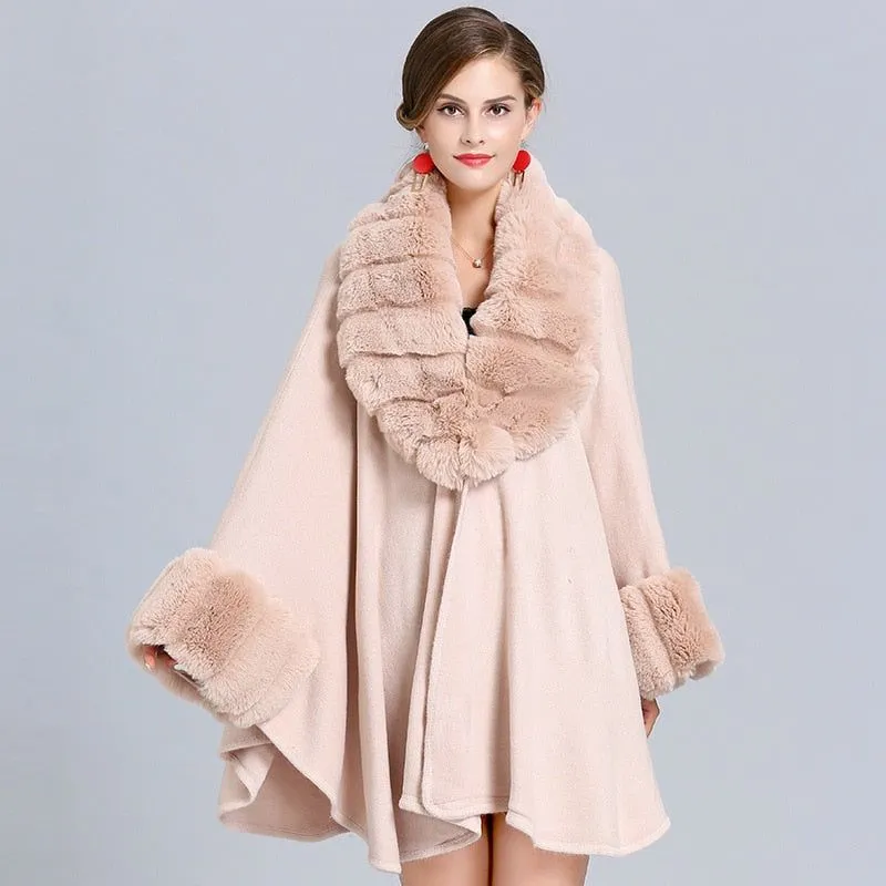 Women's Solid Colors Cloak Knitted Shawl Big Faux Fox Fur Trim Collar Loose Long Batwing Sleeves Poncho Cape