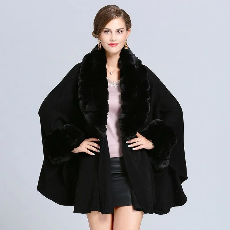 Women's Solid Colors Cloak Knitted Shawl Big Faux Fox Fur Trim Collar Loose Long Batwing Sleeves Poncho Cape