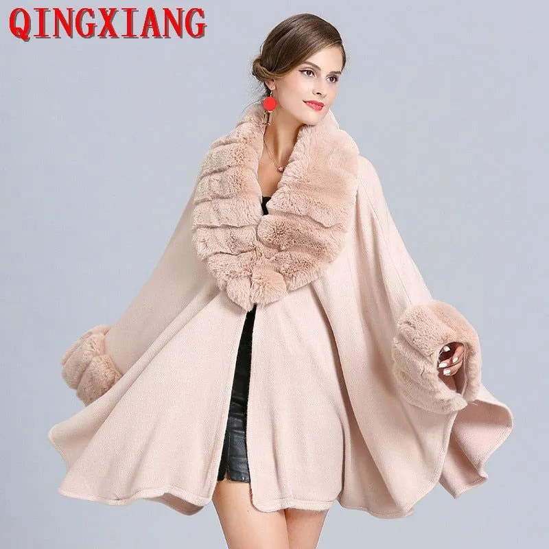 Women's Solid Colors Cloak Knitted Shawl Big Faux Fox Fur Trim Collar Loose Long Batwing Sleeves Poncho Cape