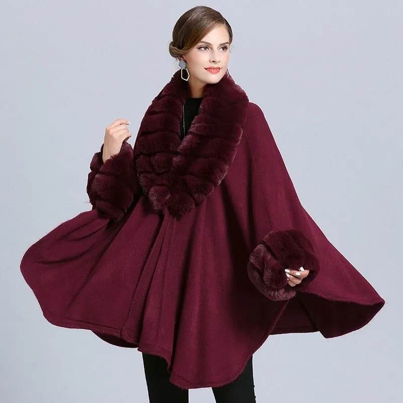 Women's Solid Colors Cloak Knitted Shawl Big Faux Fox Fur Trim Collar Loose Long Batwing Sleeves Poncho Cape