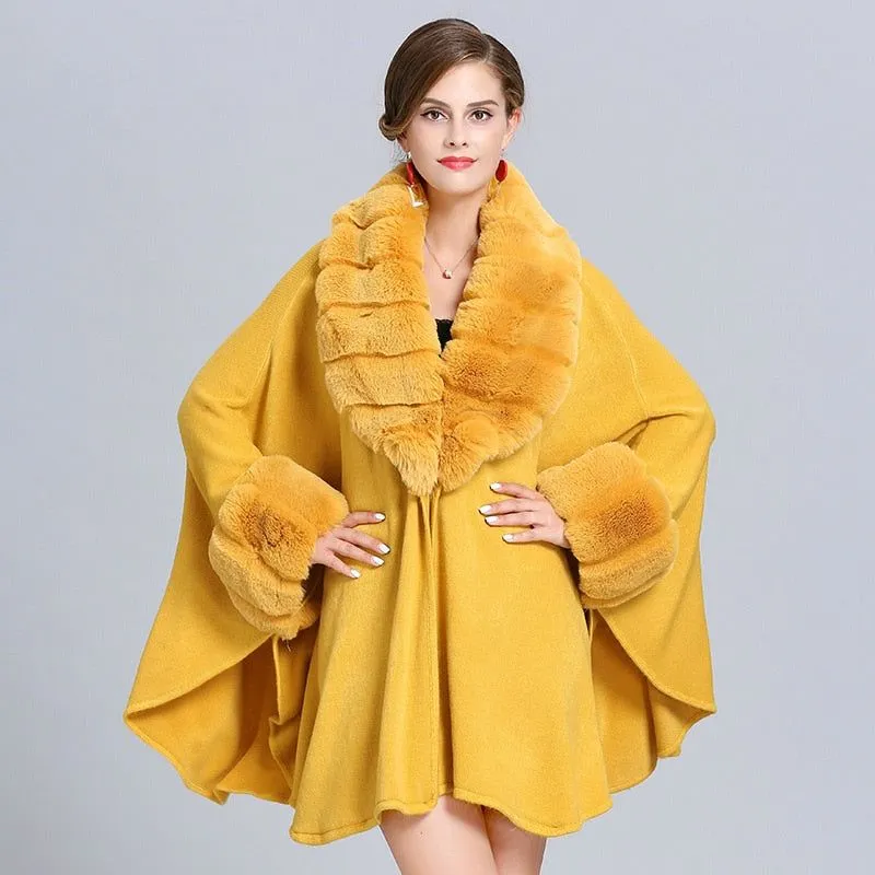 Women's Solid Colors Cloak Knitted Shawl Big Faux Fox Fur Trim Collar Loose Long Batwing Sleeves Poncho Cape