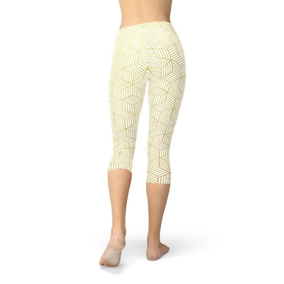 Women's White Capri Leggings w/ Geometric Cubes