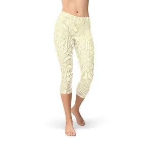 Women's White Capri Leggings w/ Geometric Cubes