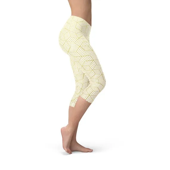 Women's White Capri Leggings w/ Geometric Cubes