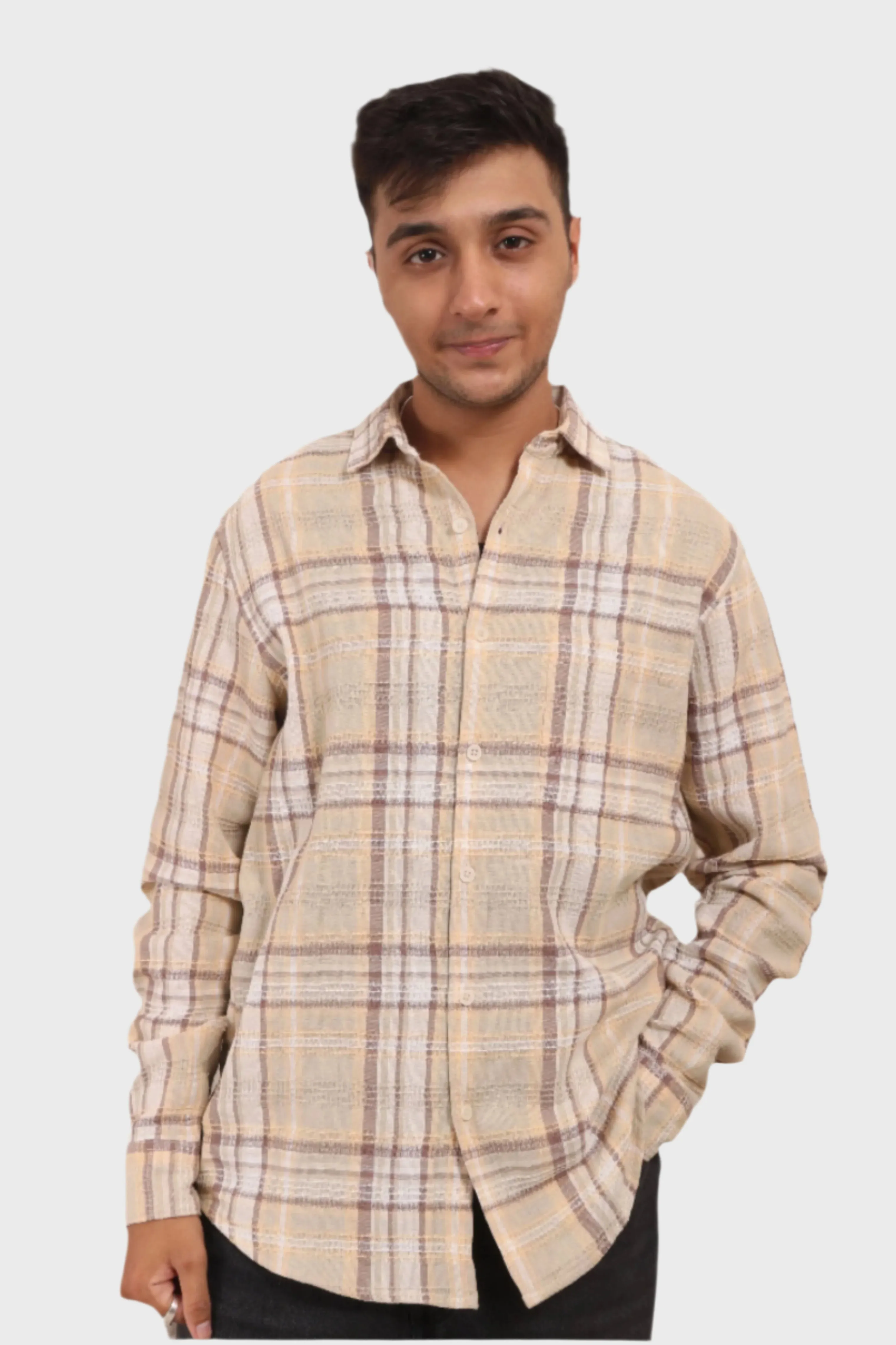 XKIND MENS'S OCHRE TEXTURED CHECKS REGULAR FIT SHIRT