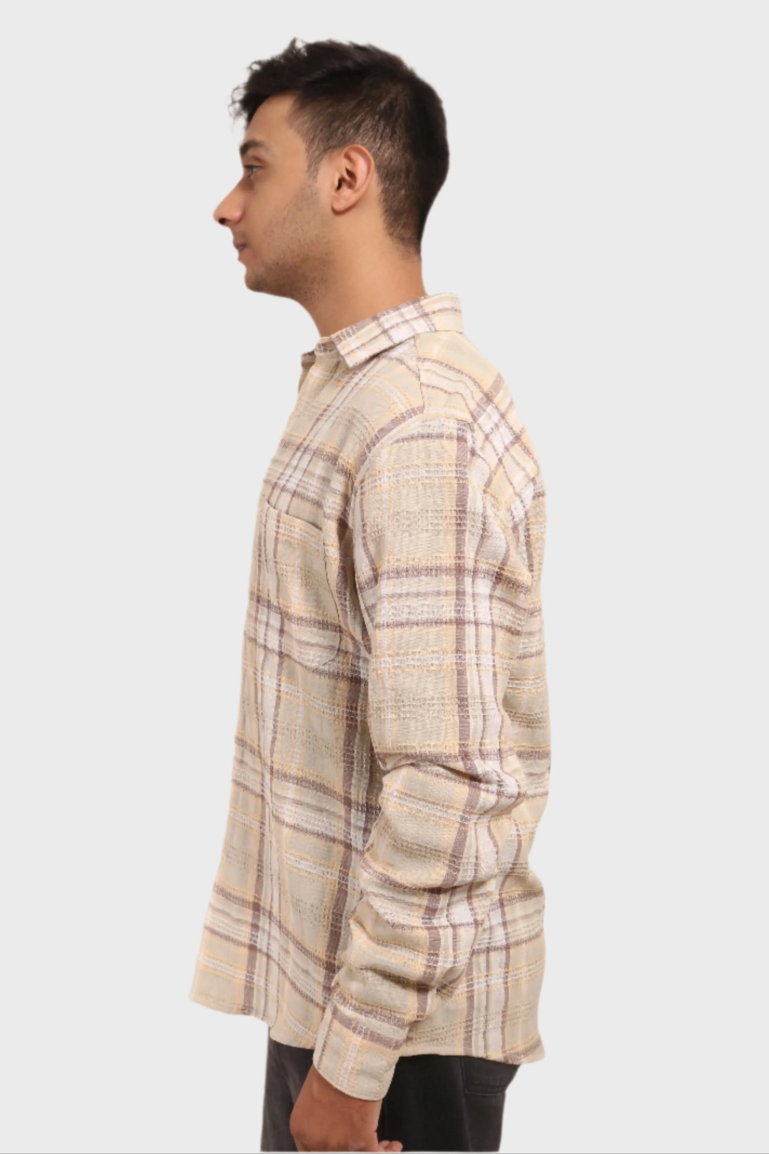 XKIND MENS'S OCHRE TEXTURED CHECKS REGULAR FIT SHIRT